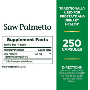 Nature's Bounty Saw Palmetto 450mg, 250 Capsules, Supports Prostate & Urinary Health, Herbal Supplement