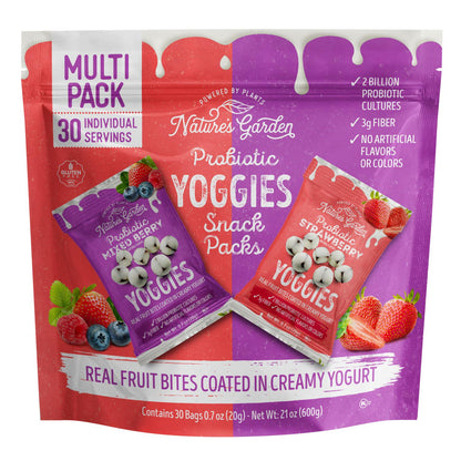 Nature's Garden Nature's Garden Probiotic Yoggies Multi Pack, 21oz (Strawberry Yoggies 15x0.7 Oz +Mixed Berry Yoggies 15x0.7 Oz), Strawberry And Mixed Berry Yogurt Covered Snack, High Fiber, Real Fruit Pieces, No Artificial Ingredients, Healthy