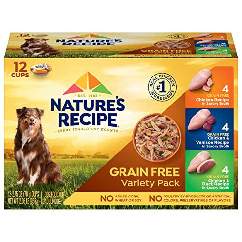 Nature's Recipe Wet Dog Food Variety 12 Cups 2.75 oz Grain Free Chicken Venison Duck Broth Recipes