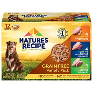 Nature's Recipe Wet Dog Food Variety 12 Cups 2.75 oz Grain Free Chicken Venison Duck Broth Recipes