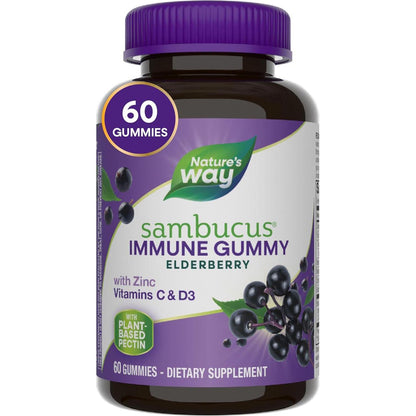 Nature's Way Sambucus Elderberry Immune Gummies for Kids & Adults, With Vitamin C, D3 & Zinc, Gluten-Free, 60 Gummies