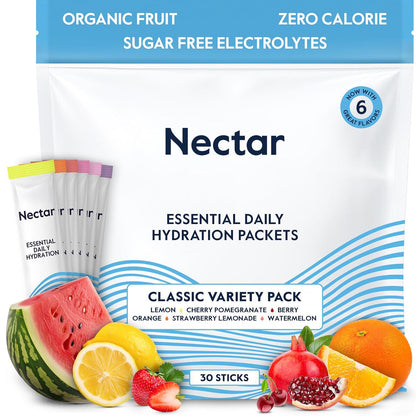 Nectar Hydration Packets, Electrolyte Powder for Rehydration, Sugar-Free, 0 Calories, Organic Fruit Liquid, 30 Pack