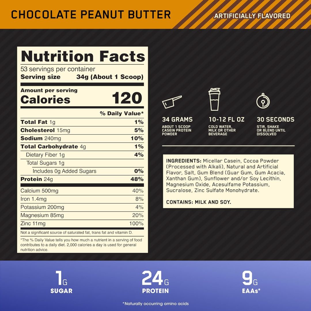 Optimum Nutrition Gold Standard 100% Casein Chocolate Peanut Butter Flavor Protein Powder 1.8kg,748927026283