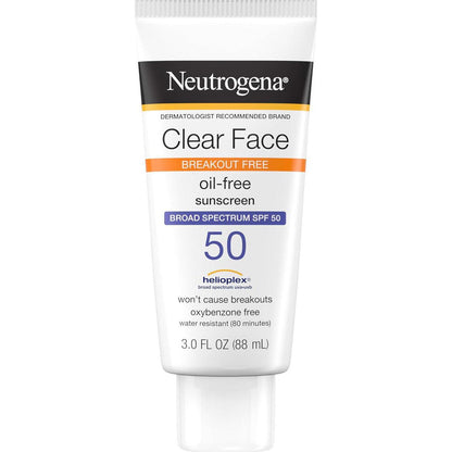 Neutrogena Neutrogena Clear Face Sunscreen Lotion For Acne-Prone Skin, Broad Spectrum SPF 50 Facial Sunscreen For Oily Skin, Oil-, Fragrance- And Oxybenzone-Free Water Resistant Sunscreen, 3 Fl. Oz