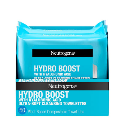 Neutrogena Neutrogena Hydro Boost Face Wipes + Hyaluronic Acid, Hydrating Makeup Remover Wipes Remove Dirt And Waterproof Makeup, Hypoallergenic, 100% Plant-Based Cloth, 2 X 25 Ct