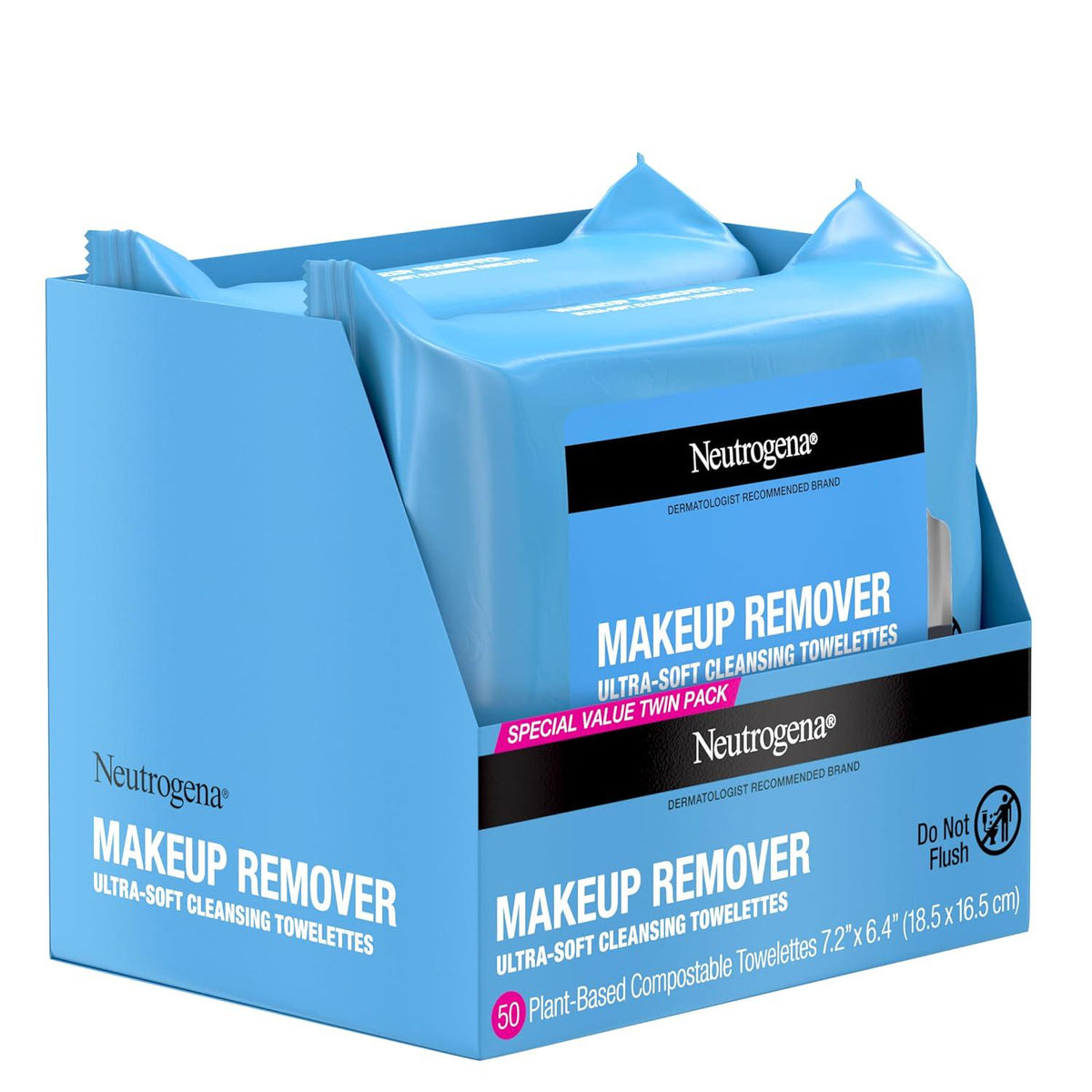 Neutrogena Makeup Remover Wipes, Ultra-Soft Cleansing Facial Towelettes For Waterproof Makeup, Alcohol-Free, Plant-Based, 50 Count (2 Packs Of 25),