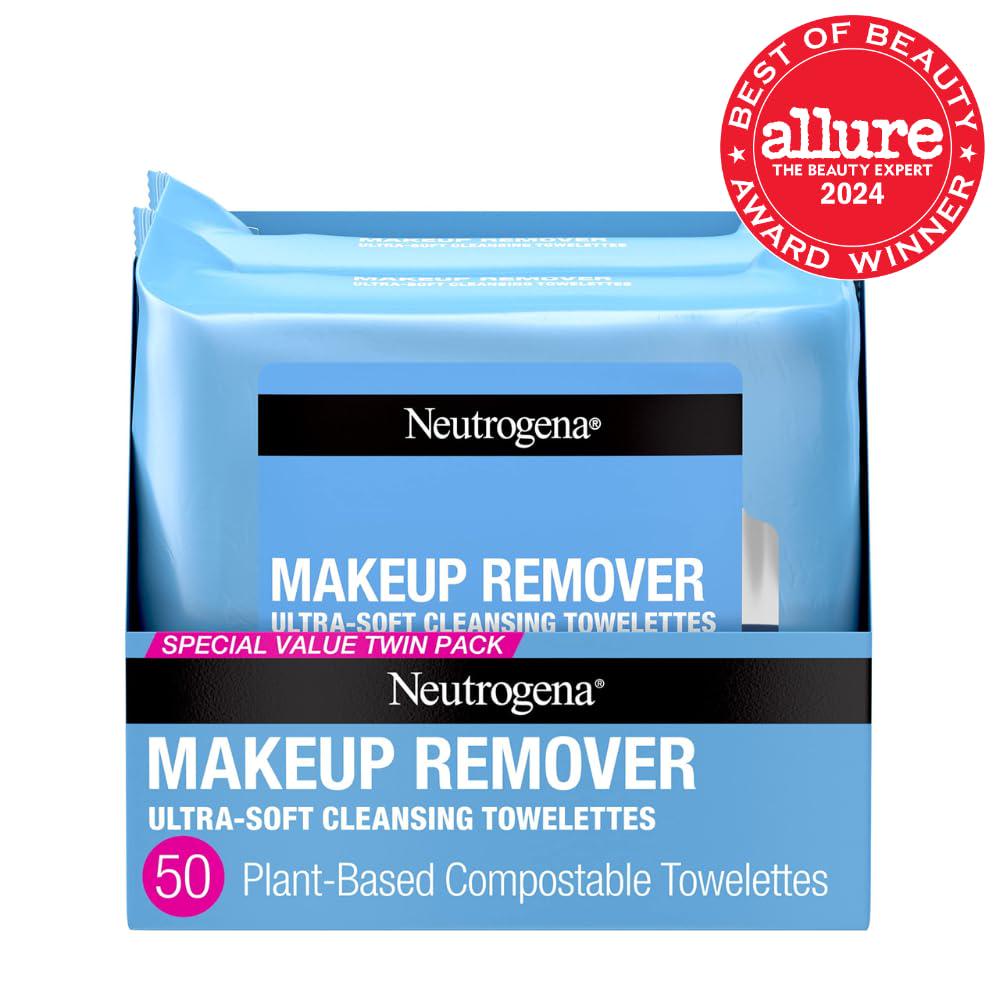 Neutrogena Makeup Remover Wipes, Ultra-Soft Cleansing Facial Towelettes For Waterproof Makeup, Alcohol-Free, Plant-Based, 50 Count (2 Packs Of 25),