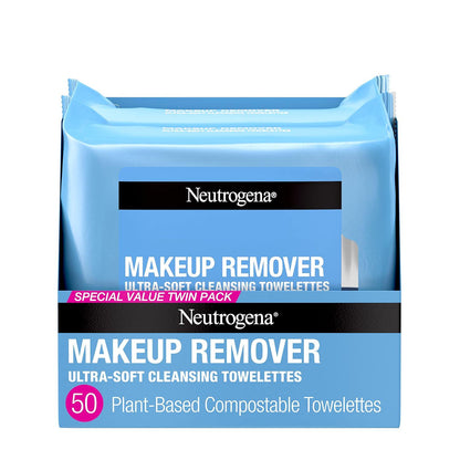 Neutrogena Makeup Remover Wipes, Ultra-Soft Cleansing Facial Towelettes For Waterproof Makeup, Alcohol-Free, Plant-Based, 50 Count (2 Packs Of 25),