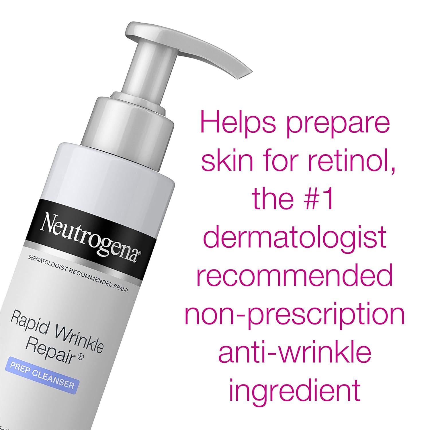 Neutrogena Rapid Wrinkle Repair Anti-Wrinkle Retinol Prep Facial Cream Cleanser With Glycolic Acid And Micro-Exfoliant To Gently Cleanse And Exfoliate Skin, Oil-Free And Non-Comedogenic, 5 Oz,