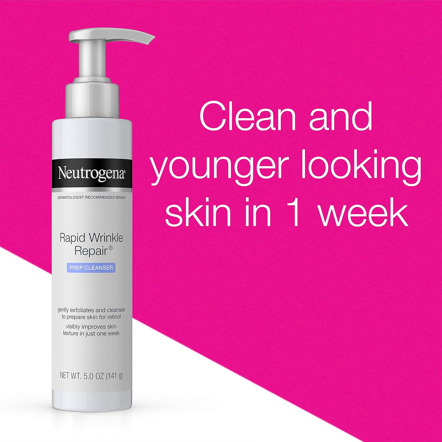 Neutrogena Rapid Wrinkle Repair Anti-Wrinkle Retinol Prep Facial Cream Cleanser With Glycolic Acid And Micro-Exfoliant To Gently Cleanse And Exfoliate Skin, Oil-Free And Non-Comedogenic, 5 Oz,