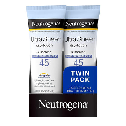 Neutrogena Ultra Sheer Dry Touch Sunscreen Lotion SPF 45, Water-Resistant & Non-Greasy, 3 fl oz (2-Pack, TSA Compliant)