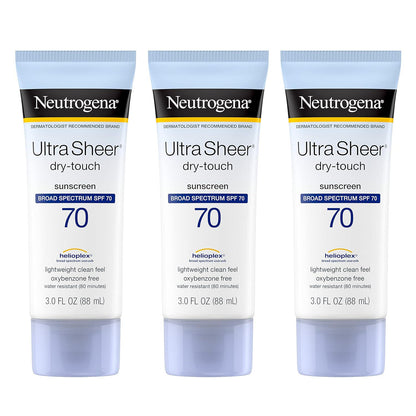 Neutrogena Neutrogena Ultra Sheer Dry-Touch Sunscreen Lotion, Broad Spectrum SPF 70 UVA/UVB Protection, Lightweight Water Resistant, Non-Comedogenic And Non-Greasy, Travel Size, 3 Fl. Oz (Pack Of 3)