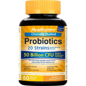 NewRhythm Probiotics, 50 Billion CFU, 20 Strains, 60 Veggie Capsules, Targeted Release Technology, Stomach Acid Resistant, Non-GMO, Gluten-Free