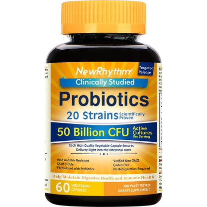 NewRhythm Probiotics, 50 Billion CFU, 20 Strains, 60 Veggie Capsules, Targeted Release Technology, Stomach Acid Resistant, Non-GMO, Gluten-Free