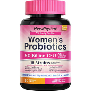 NewRhythm Women's Probiotics with Organic Cranberry for Vaginal Health, 50 Billion CFU, 18 Strains, Probiotics & Prebiotics, 60 Vegan Capsules