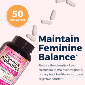 NewRhythm Women's Probiotics with Organic Cranberry for Vaginal Health, 50 Billion CFU, 18 Strains, Probiotics & Prebiotics, 60 Vegan Capsules