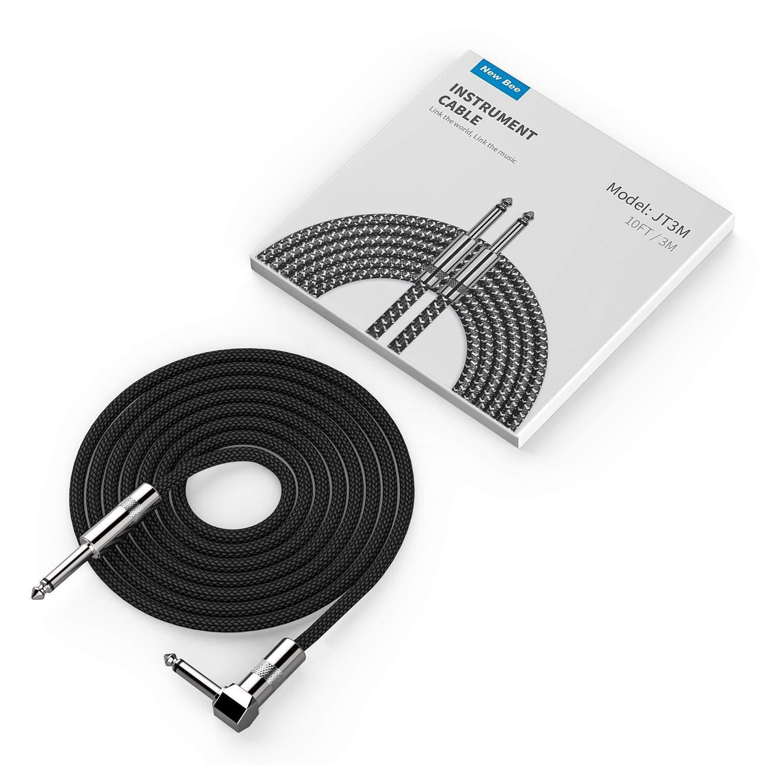 New Bee Guitar Cable 10ft Electric Instrument Bass AMP Cord For Electric Mandolin, Pro Audio (Right Angle To Straight, Black),