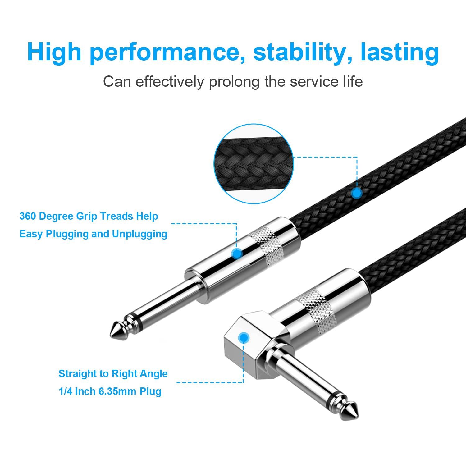 New Bee Guitar Cable 10ft Electric Instrument Bass AMP Cord For Electric Mandolin, Pro Audio (Right Angle To Straight, Black),