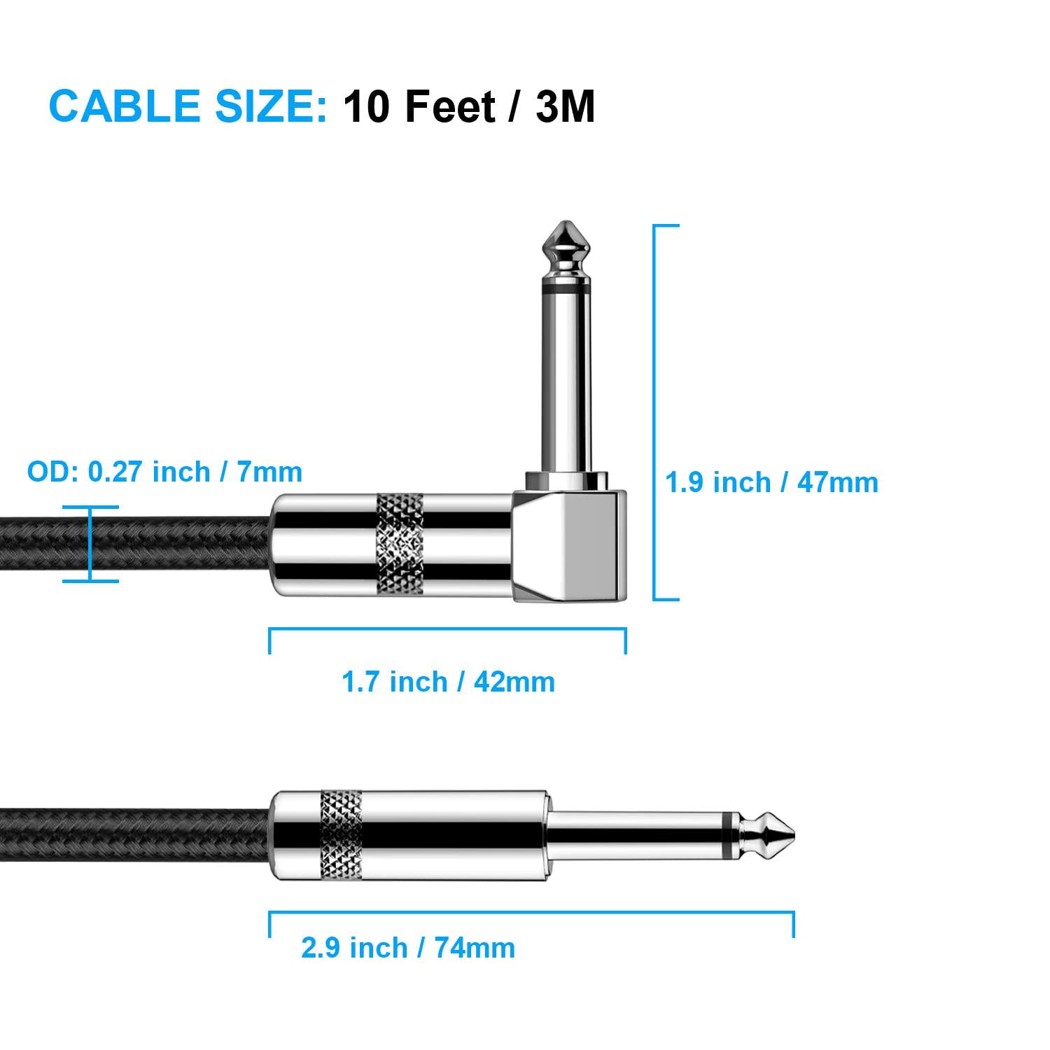 New Bee Guitar Cable 10ft Electric Instrument Bass AMP Cord For Electric Mandolin, Pro Audio (Right Angle To Straight, Black),