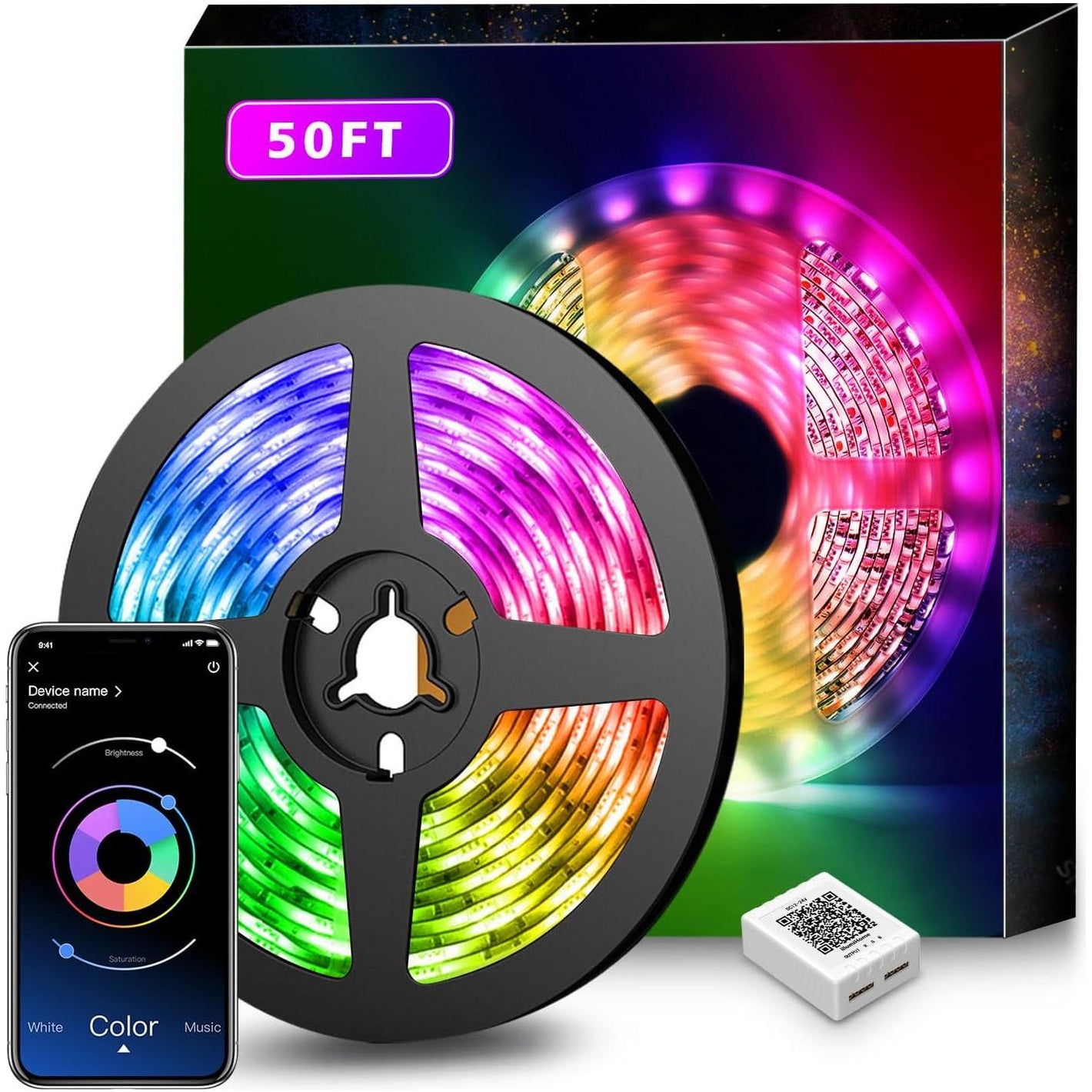 Nexillumi Led Lights For Bedroom 50ft(1 Roll Of 50ft) Music Sync Color Changing Led Strip Lights Smart With Remote And App Control Built-in Mic For Party Home Room Decor Luces LED Para Cuarto,756171712449