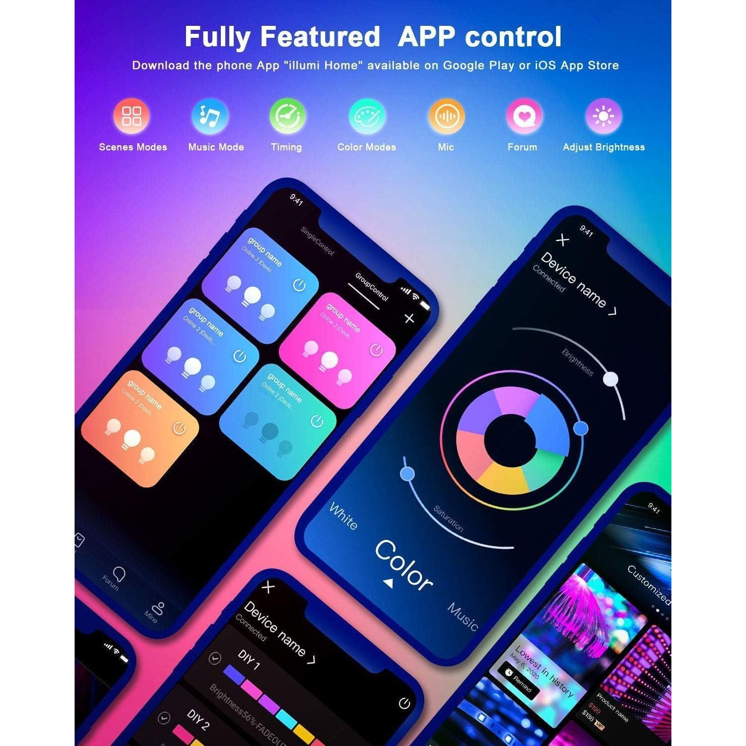 Nexillumi Led Lights For Bedroom 50ft(1 Roll Of 50ft) Music Sync Color Changing Led Strip Lights Smart With Remote And App Control Built-in Mic For Party Home Room Decor Luces LED Para Cuarto,756171712449