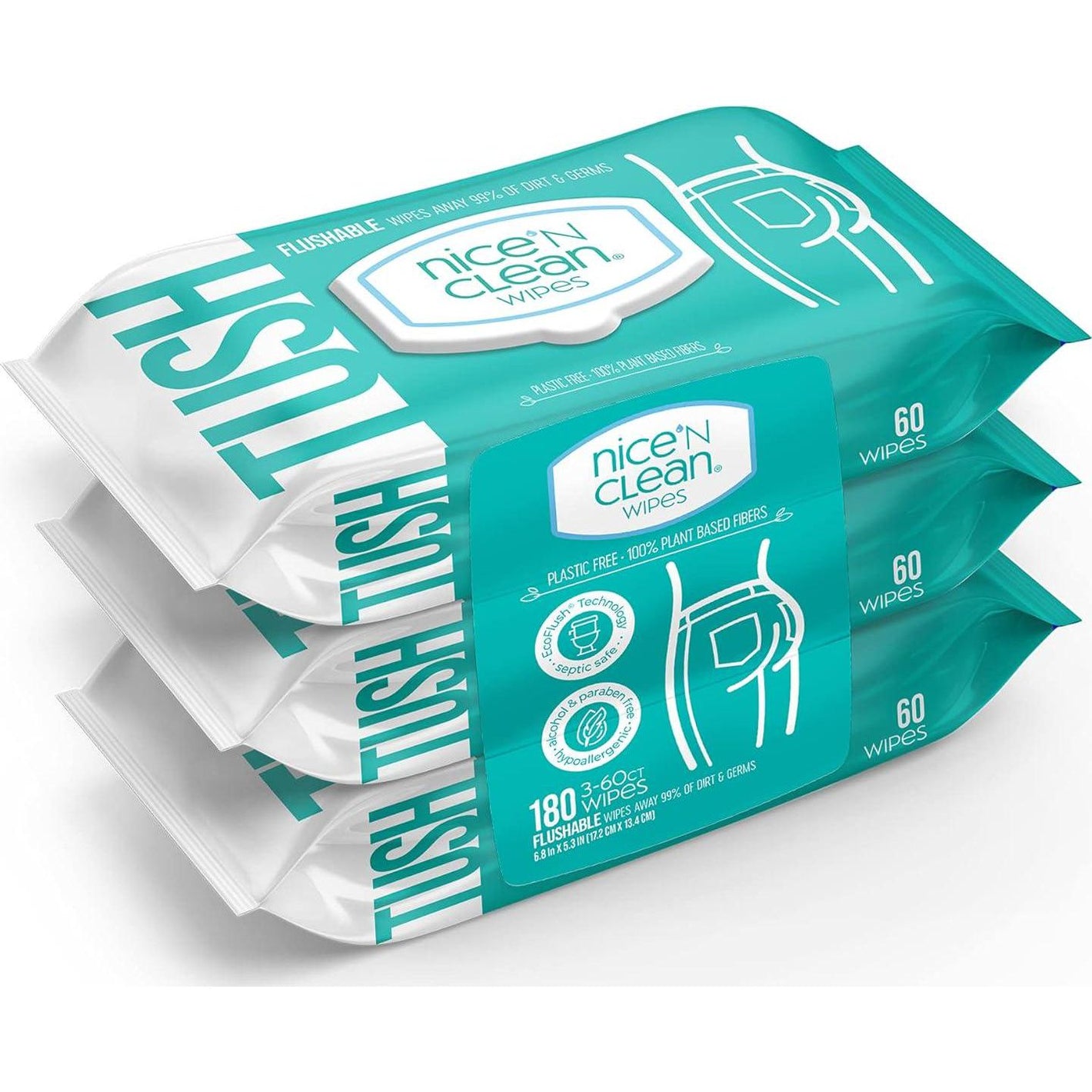 Nice ‘n Clean Adult Flushable Wipes, 3x60 Count, Personal Cleansing Wipes, Plant-Based Fibers, Infused with Aloe & Vitamin E