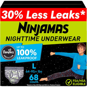 Ninjamas Boys Bedwetting Nighttime Underwear, Size Large (64-95 lbs), 68 Count, Overnight Protection, Ultra Absorbent, Hypoallergenic