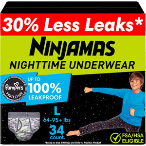 Pampers Ninjamas Boys Bedwetting Nighttime Underwear, Size L (64-95 lbs), 34 Count, Ultimate Absorbency