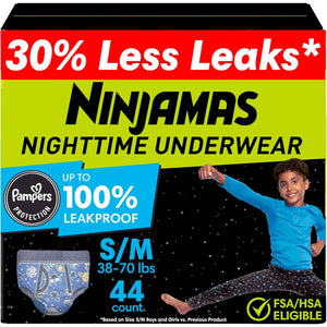 Ninjamas Ninjamas Boys Bedwetting Nighttime Underwear, Size S/M (38-70 Lbs), 44 Count, Overnight Protection, Ultra Absorbent, Hypoallergenic