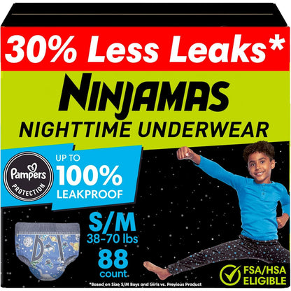 Ninjamas Boys Bedwetting Nighttime Underwear, Size S/M (38-70 lbs), Ultra Absorbent, Hypoallergenic, 88 Count