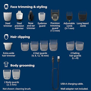 Philips Norelco Multigroom 7000, MG7910/49, 19-Piece Kit for Beard, Hair, Body, Soft Pouch Included, All-in-One Trimmer
