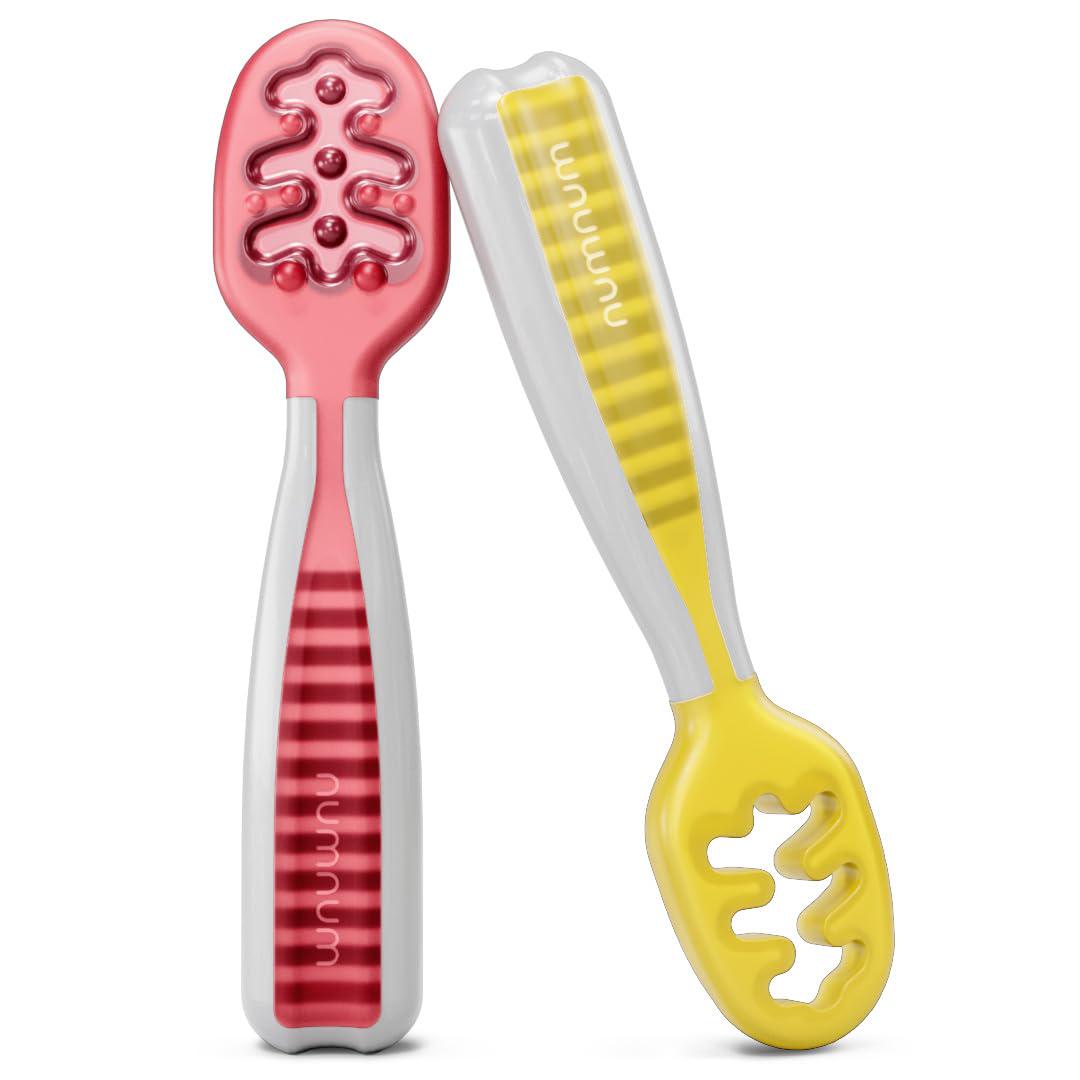 NumNum Baby Spoons Set, Pre-Spoon GOOtensils For Kids Aged 6+ Months - First Stage, Baby Led Weaning (BLW) Spoon - Self Feeding, Silicone Toddler Food Utensils - 2 Spoons, Red/Yellow,850035171165