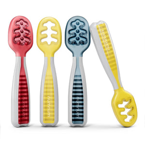 NumNum Baby Spoons Set, Pre-Spoon GOOtensils For Kids Aged 6+ Months - First Stage, Baby Led Weaning (BLW) Spoon - Self Feeding, Silicone Toddler Food Utensils - 4 Spoons, Primary Colors,850035171202