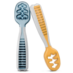 NumNum Baby Spoons Set, Pre-Spoon GOOtensils For Kids Aged 6+ Months - First Stage, Baby Led Weaning (BLW) Spoon - Self Feeding, Silicone Toddler Food Utensils - 2 Spoons, Blue/Orange,850035171066