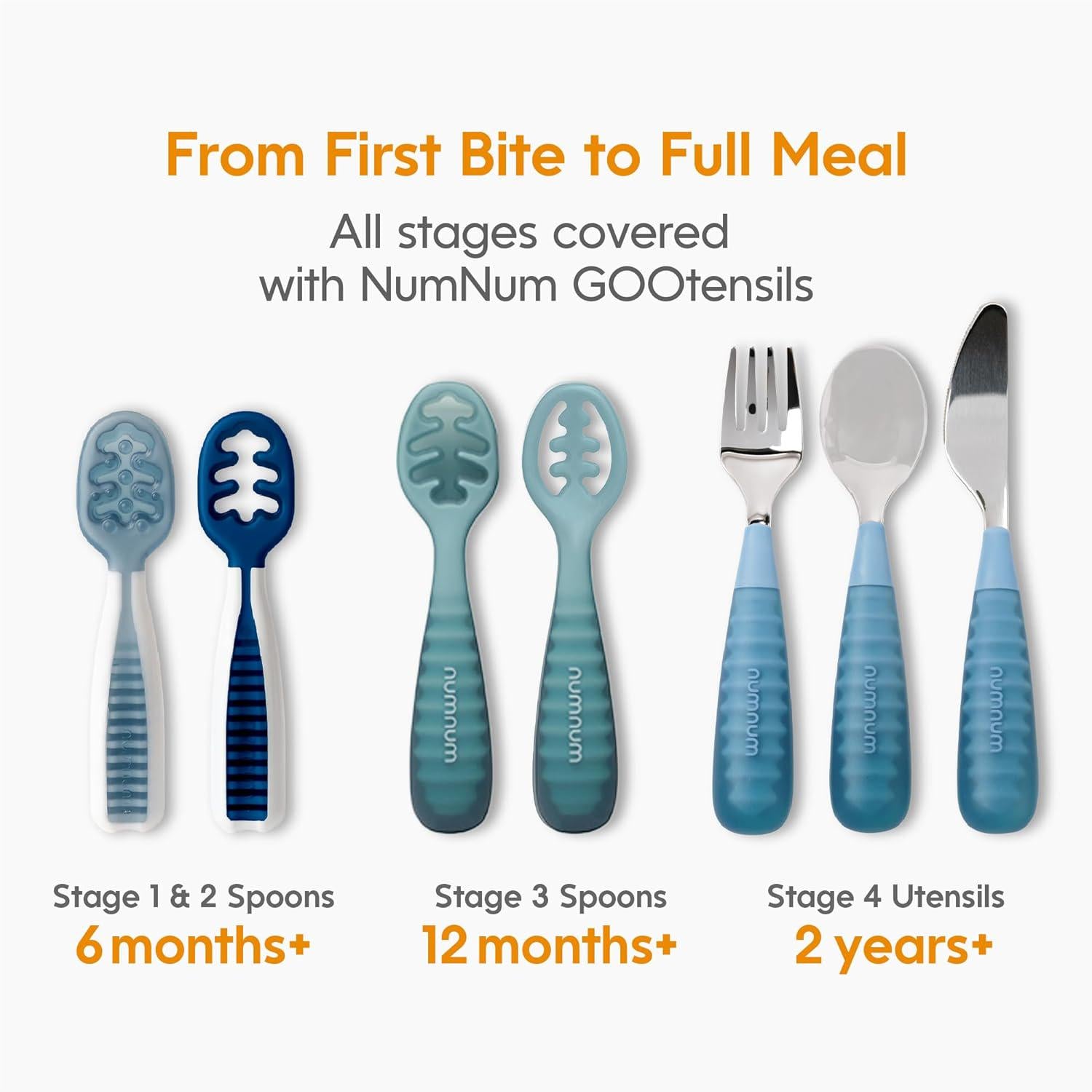 NumNum Baby Spoons Set, Pre-Spoon GOOtensils For Kids Aged 12+ Months - First Stage, Baby Led Weaning (BLW) Spoon - Self Feeding, Silicone Toddler Food Utensils - 1-Pack, 4 Spoons, Blue/Green,850055392106
