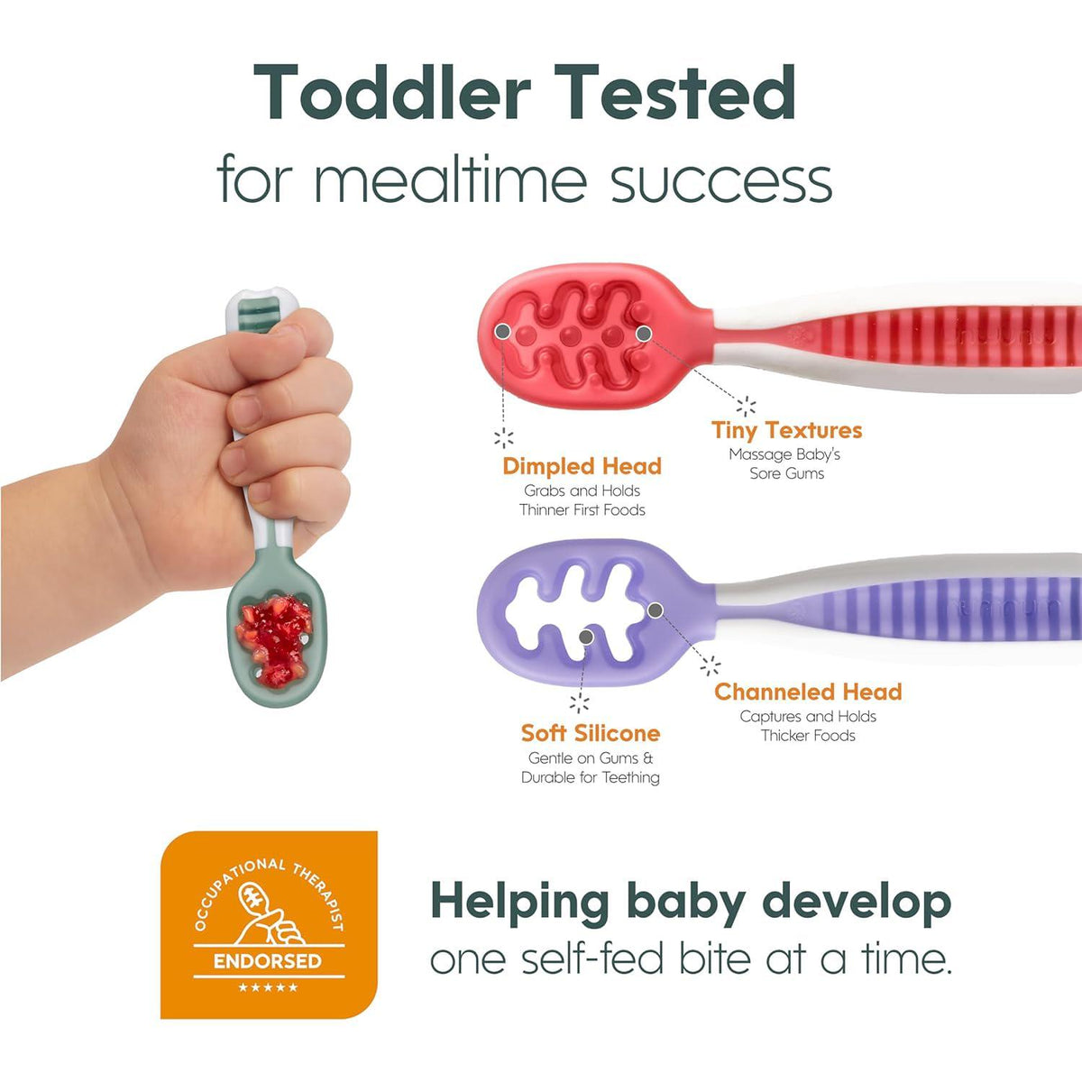 NumNum Baby Spoons Set, Pre-Spoon GOOtensils For Kids Aged 6+ Months - First Stage, Baby Led Weaning (BLW) Spoon - Self Feeding, Silicone Toddler Food Utensils - 2 Spoons, Blue/Orange,850035171066