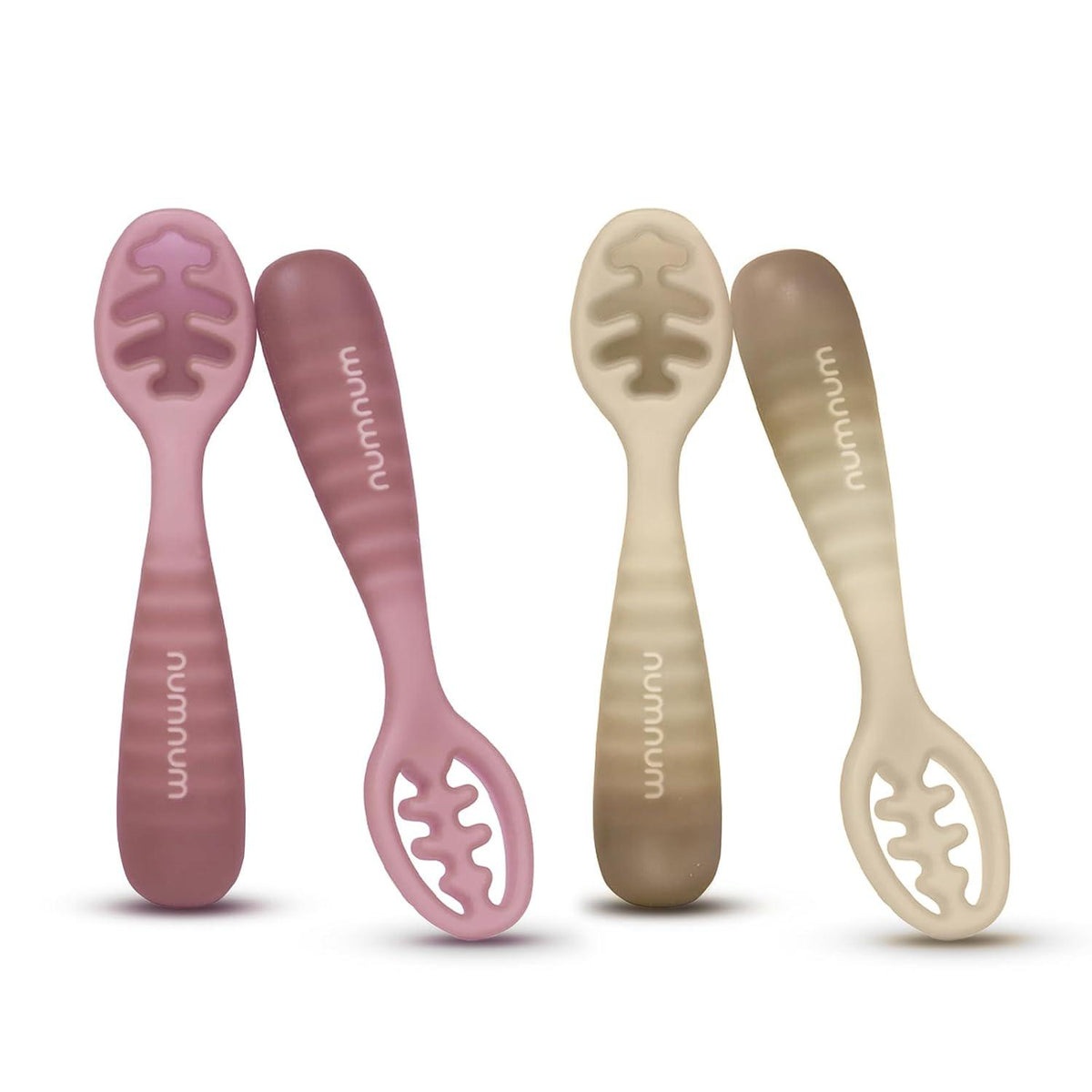 NumNum Baby Spoons Set, Pre-Spoon GOOtensils For Kids Aged 12+ Months - First Stage, Baby Led Weaning (BLW) Spoon - Self Feeding, Silicone Toddler Food Utensils - 1-Pack, 4 Spoons, Beige/Mauve,850055392267