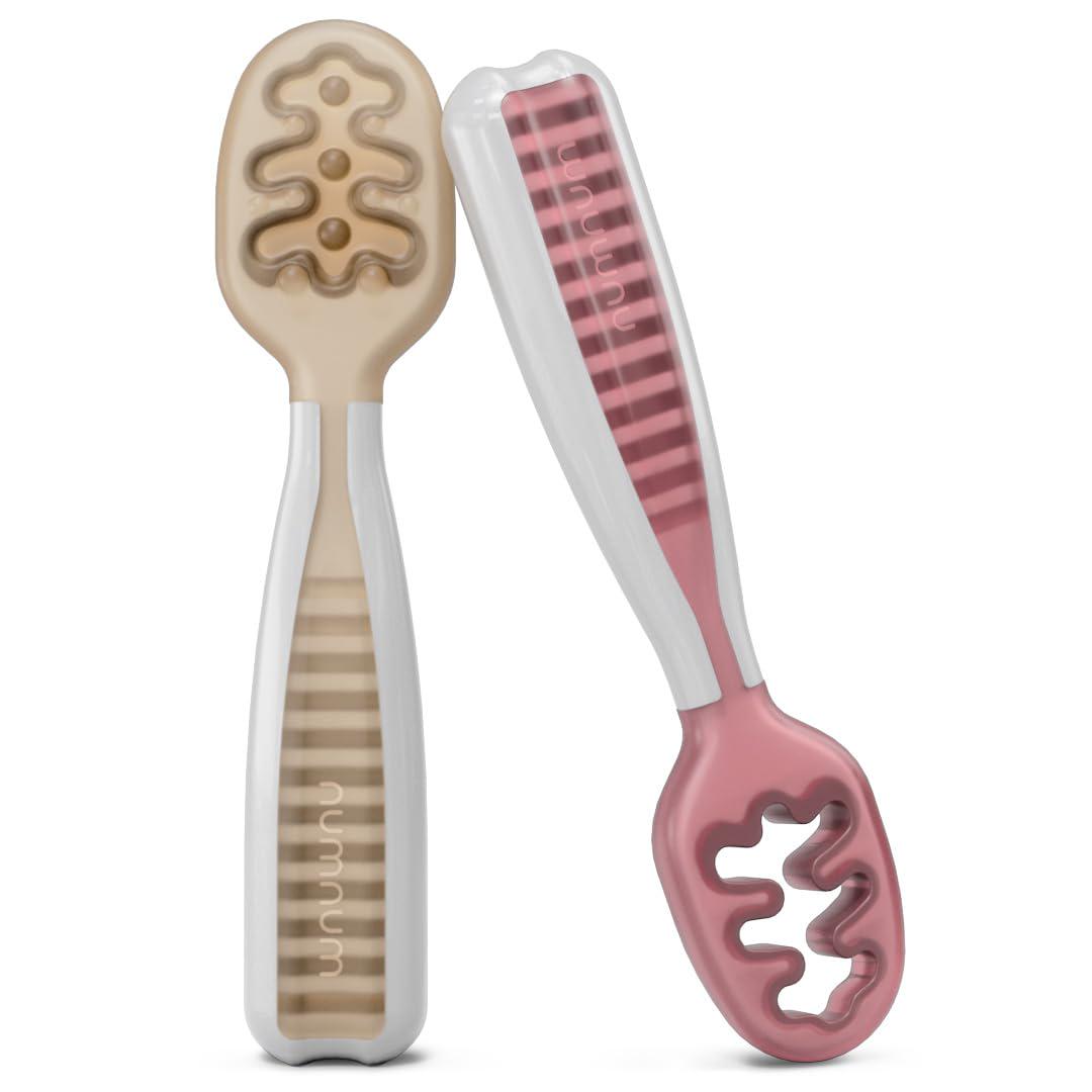 NumNum Baby Spoons Set, Pre-Spoon GOOtensils For Kids Aged 6+ Months - First Stage, Baby Led Weaning (BLW) Spoon - Self Feeding, Silicone Toddler Food Utensils - 2 Spoons, Beige/Mauve,850035171448