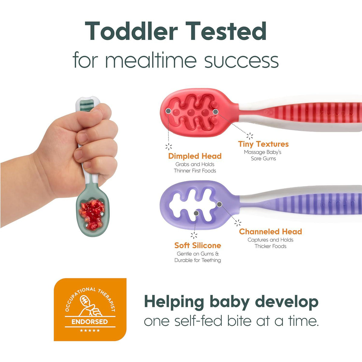 NumNum Baby Spoons Set, Pre-Spoon GOOtensils For Kids Aged 6+ Months - First Stage, Baby Led Weaning (BLW) Spoon - Self Feeding, Silicone Toddler Food Utensils - 2 Spoons, Gray/Green,040232268267