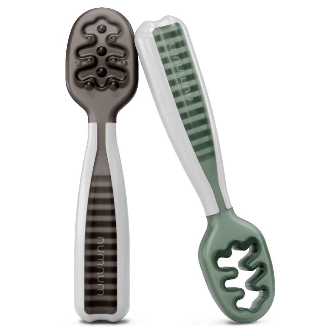 NumNum Baby Spoons Set, Pre-Spoon GOOtensils For Kids Aged 6+ Months - First Stage, Baby Led Weaning (BLW) Spoon - Self Feeding, Silicone Toddler Food Utensils - 2 Spoons, Gray/Green,040232268267