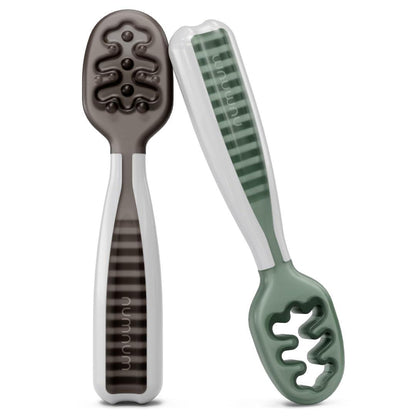 NumNum Baby Spoons Set, Pre-Spoon GOOtensils For Kids Aged 6+ Months - First Stage, Baby Led Weaning (BLW) Spoon - Self Feeding, Silicone Toddler Food Utensils - 2 Spoons, Gray/Green,040232268267