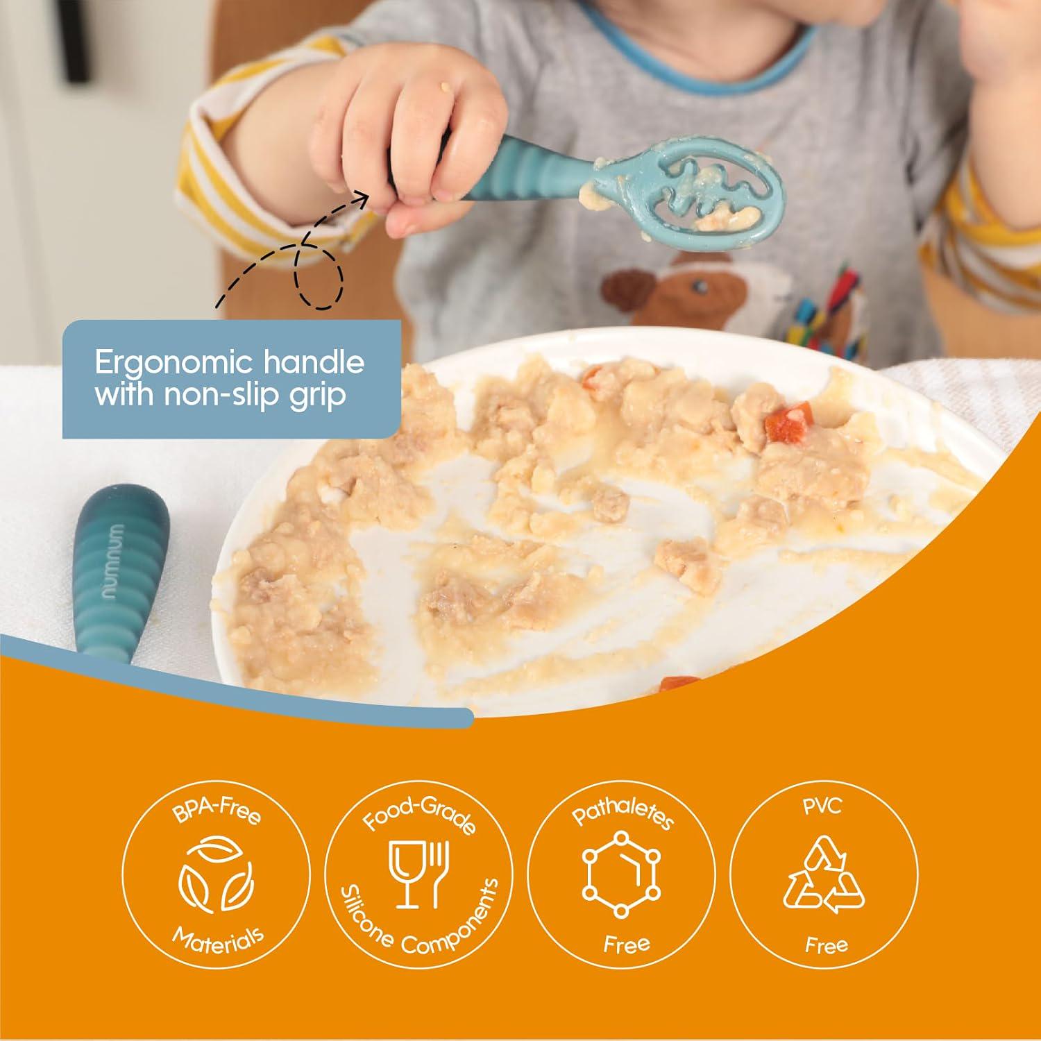NumNum Baby Spoons Set, Pre-Spoon GOOtensils For Kids Aged 12+ Months - First Stage, Baby Led Weaning (BLW) Spoon - Self Feeding, Silicone Toddler Food Utensils - 1-Pack, 4 Spoons, Blue/Green,850055392106
