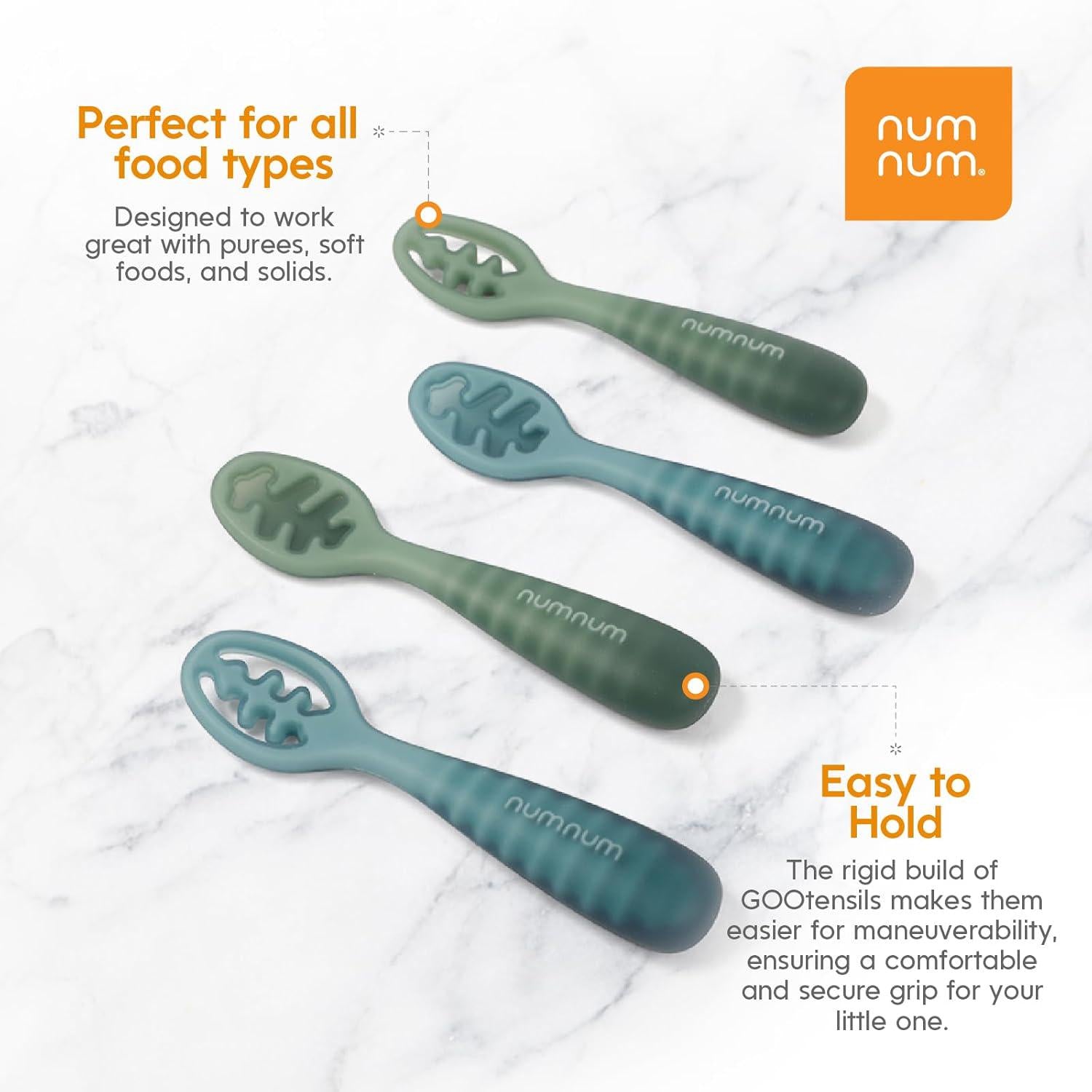 NumNum Baby Spoons Set, Pre-Spoon GOOtensils For Kids Aged 12+ Months - First Stage, Baby Led Weaning (BLW) Spoon - Self Feeding, Silicone Toddler Food Utensils - 1-Pack, 4 Spoons, Blue/Green,850055392106