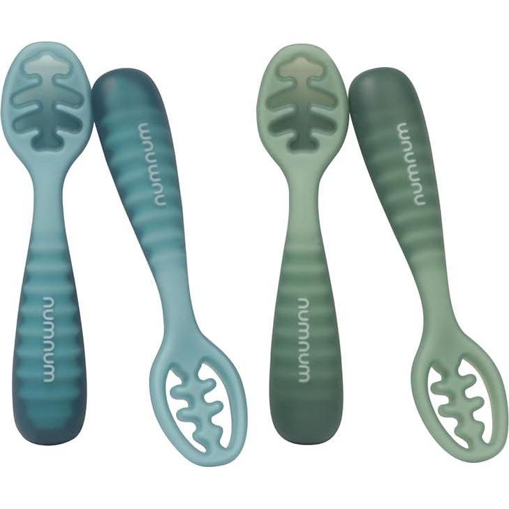 NumNum Baby Spoons Set, Pre-Spoon GOOtensils For Kids Aged 12+ Months - First Stage, Baby Led Weaning (BLW) Spoon - Self Feeding, Silicone Toddler Food Utensils - 1-Pack, 4 Spoons, Blue/Green,850055392106