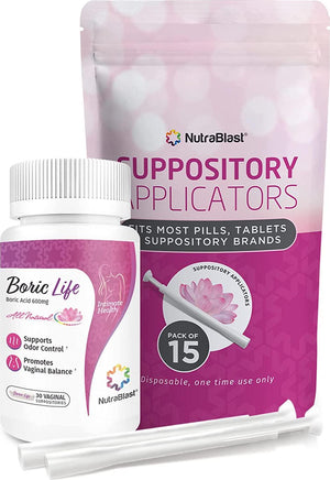 Nutrablast Boric Acid Vaginal Suppositories, 600mg, 30 Suppositories with 15 Applicators, Feminine Care, Made in the USA