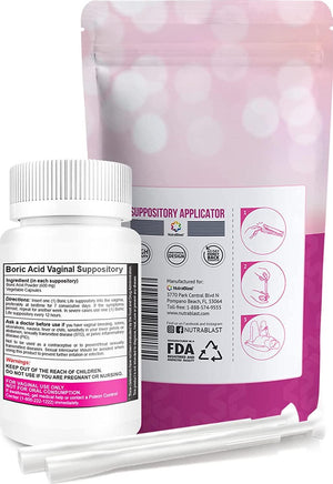 Nutrablast Boric Acid Vaginal Suppositories, 600mg, 30 Suppositories with 15 Applicators, Feminine Care, Made in the USA