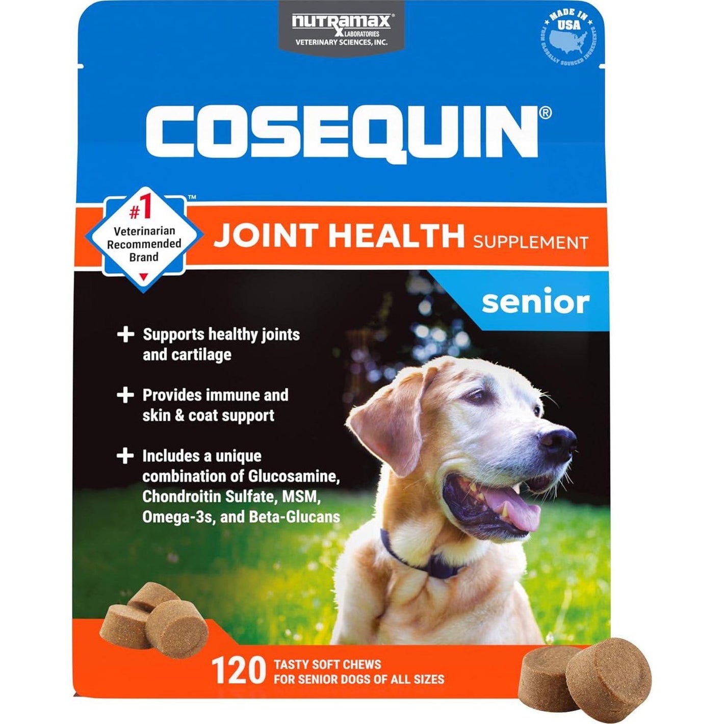 Nutramax Cosequin Joint Supplement for Senior Dogs, 120 Soft Chews, Omega-3, MSM, Glucosamine, Chondroitin