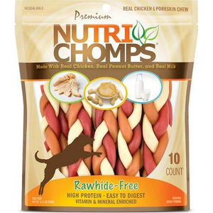 NutriChomps 6 Inch Braided Dog Chews 10 Count Rawhide Free Real Chicken Peanut Butter Milk Flavor