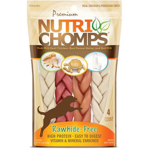 NutriChomps 6 Inch Braided Dog Chews Pack of 4 Rawhide Free Easy to Digest Real Chicken PB and Milk Flavors