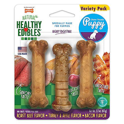 Nylabone Puppy Chews X Small 3 Ct Roast Beef Apple Bacon Long Lasting Natural Treats
